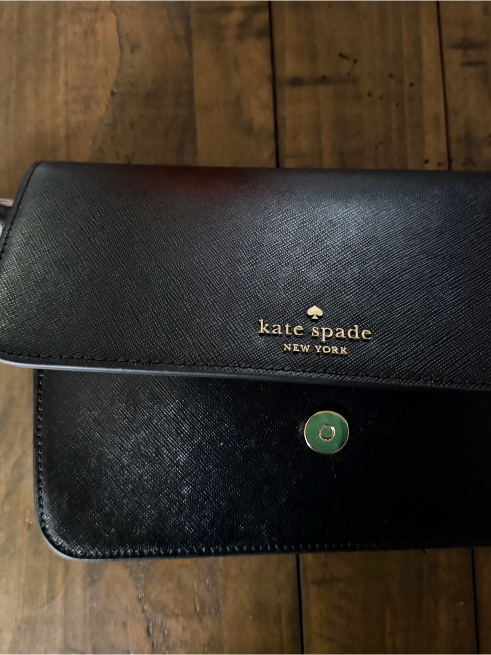 kate spade Black Crossbody with Gold Logo and Green Enamel Detail